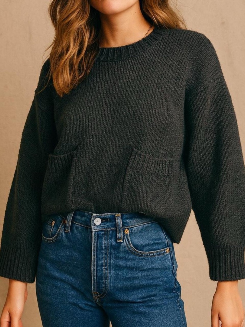 Zara Women's Charcoal Crewneck Knit Sweater with Front Pockets Size XL